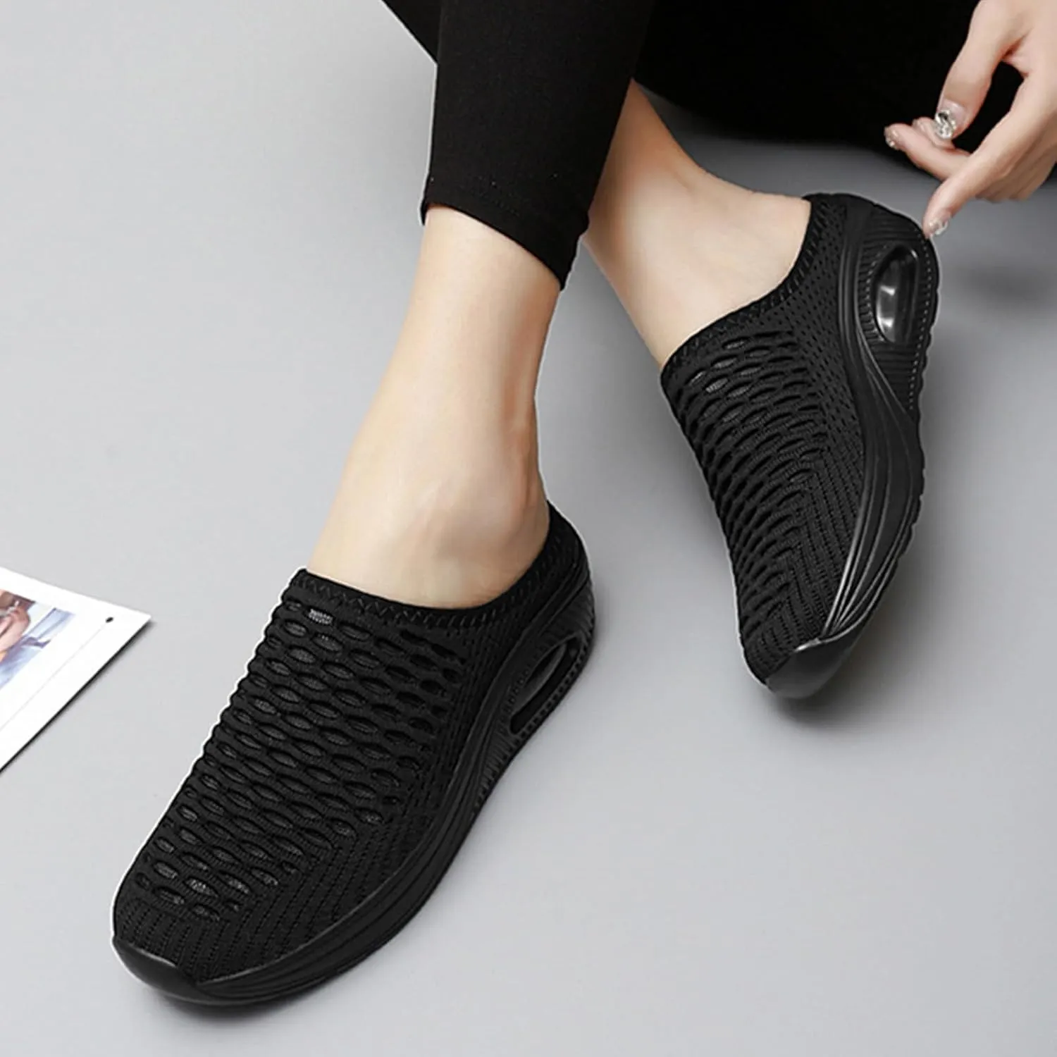 Women's Mules & Clogs Air Cushion Support Orthopedic Sandals Stretch Knitted Mesh Breathable Platform Sandals, Closed Toe Backless Sneakers Slip On Walking Slippers