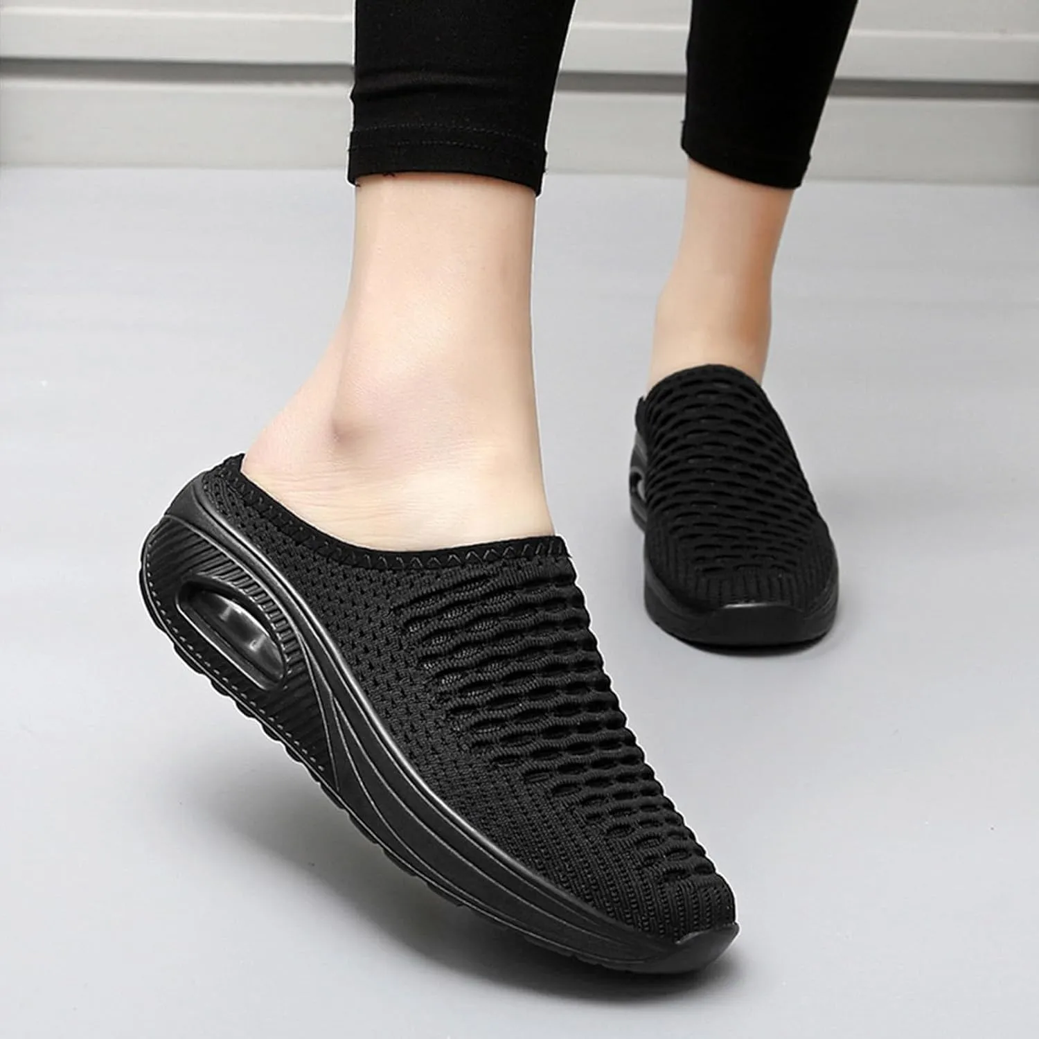 Women's Mules & Clogs Air Cushion Support Orthopedic Sandals Stretch Knitted Mesh Breathable Platform Sandals, Closed Toe Backless Sneakers Slip On Walking Slippers