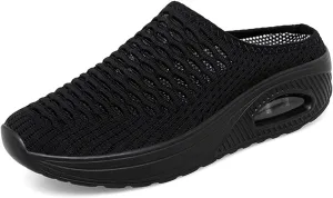 Women's Mules & Clogs Air Cushion Support Orthopedic Sandals Stretch Knitted Mesh Breathable Platform Sandals, Closed Toe Backless Sneakers Slip On Walking Slippers
