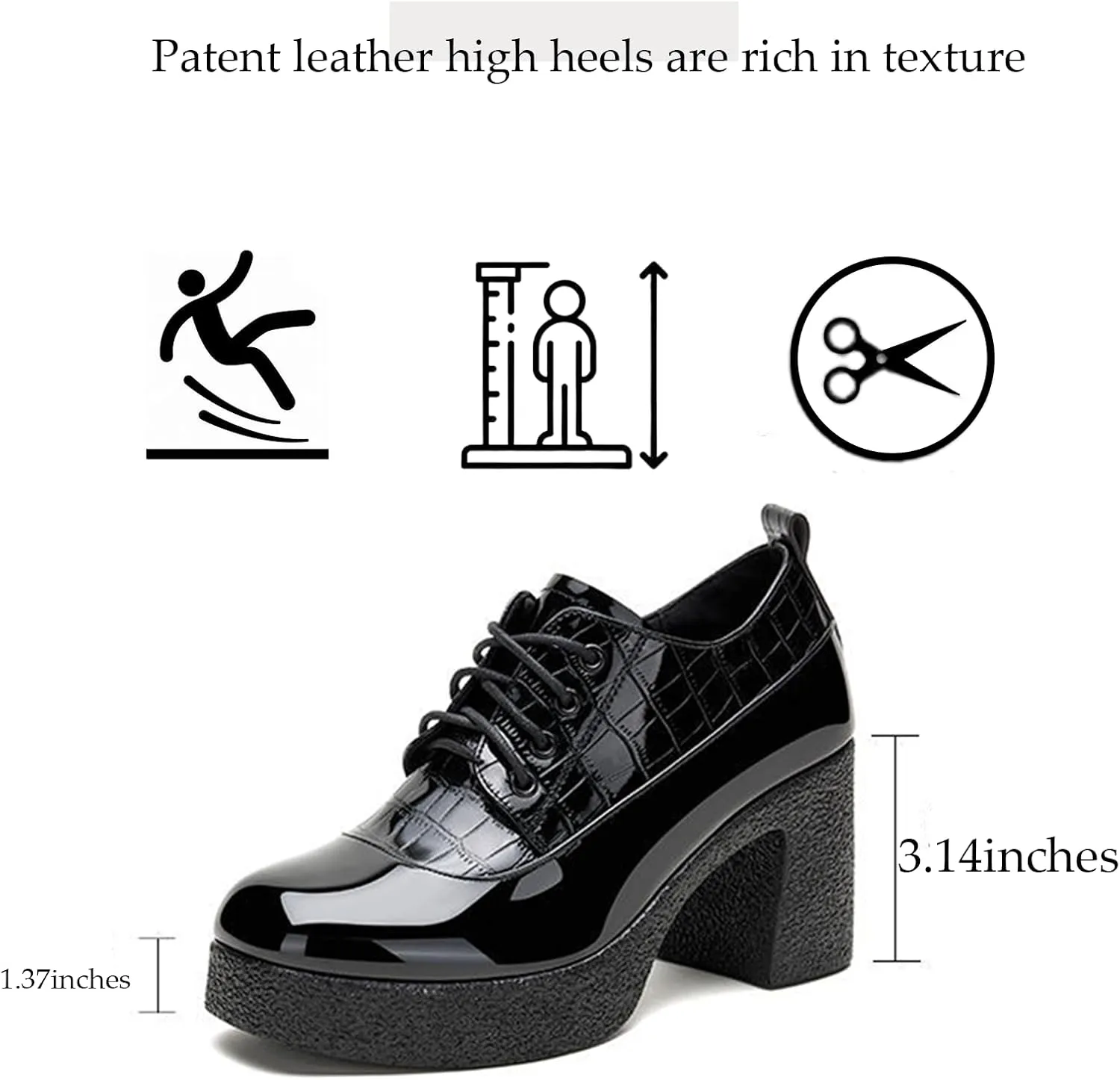 Women's Patent Leather Chunky Heel Dress Oxford Shoes Fashionable Round Head Print Platform High Heels Lace Up Pumps Business Work Shoes