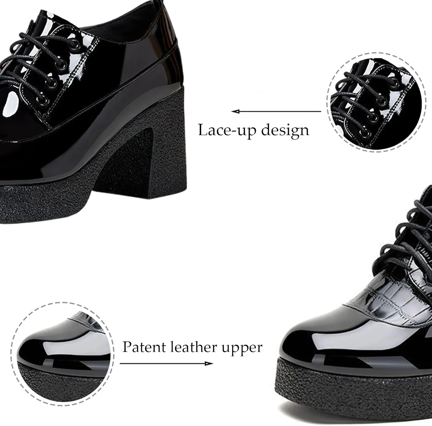 Women's Patent Leather Chunky Heel Dress Oxford Shoes Fashionable Round Head Print Platform High Heels Lace Up Pumps Business Work Shoes