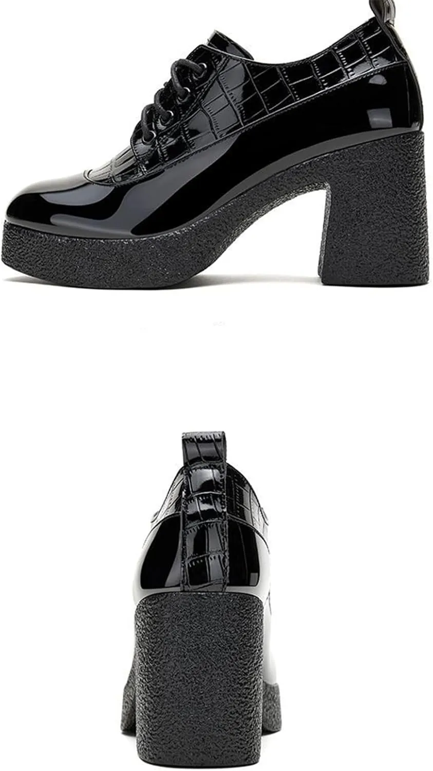 Women's Patent Leather Chunky Heel Dress Oxford Shoes Fashionable Round Head Print Platform High Heels Lace Up Pumps Business Work Shoes