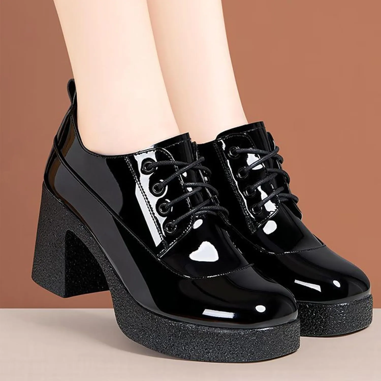 Women's Patent Leather Chunky Heel Dress Oxford Shoes Fashionable Round Head Print Platform High Heels Lace Up Pumps Business Work Shoes