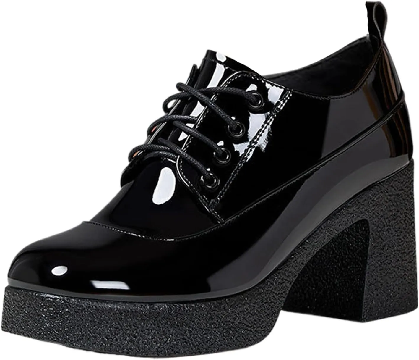 Women's Patent Leather Chunky Heel Dress Oxford Shoes Fashionable Round Head Print Platform High Heels Lace Up Pumps Business Work Shoes