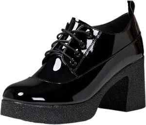 Women's Patent Leather Chunky Heel Dress Oxford Shoes Fashionable Round Head Print Platform High Heels Lace Up Pumps Business Work Shoes