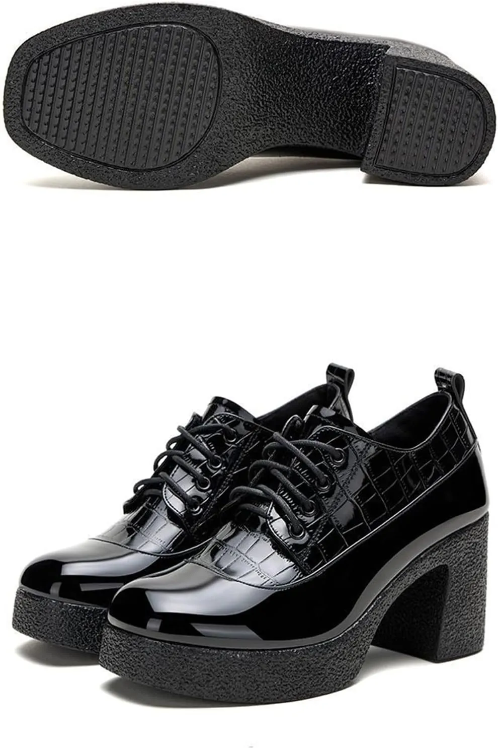 Women's Patent Leather Chunky Heel Dress Oxford Shoes Fashionable Round Head Print Platform High Heels Lace Up Pumps Business Work Shoes