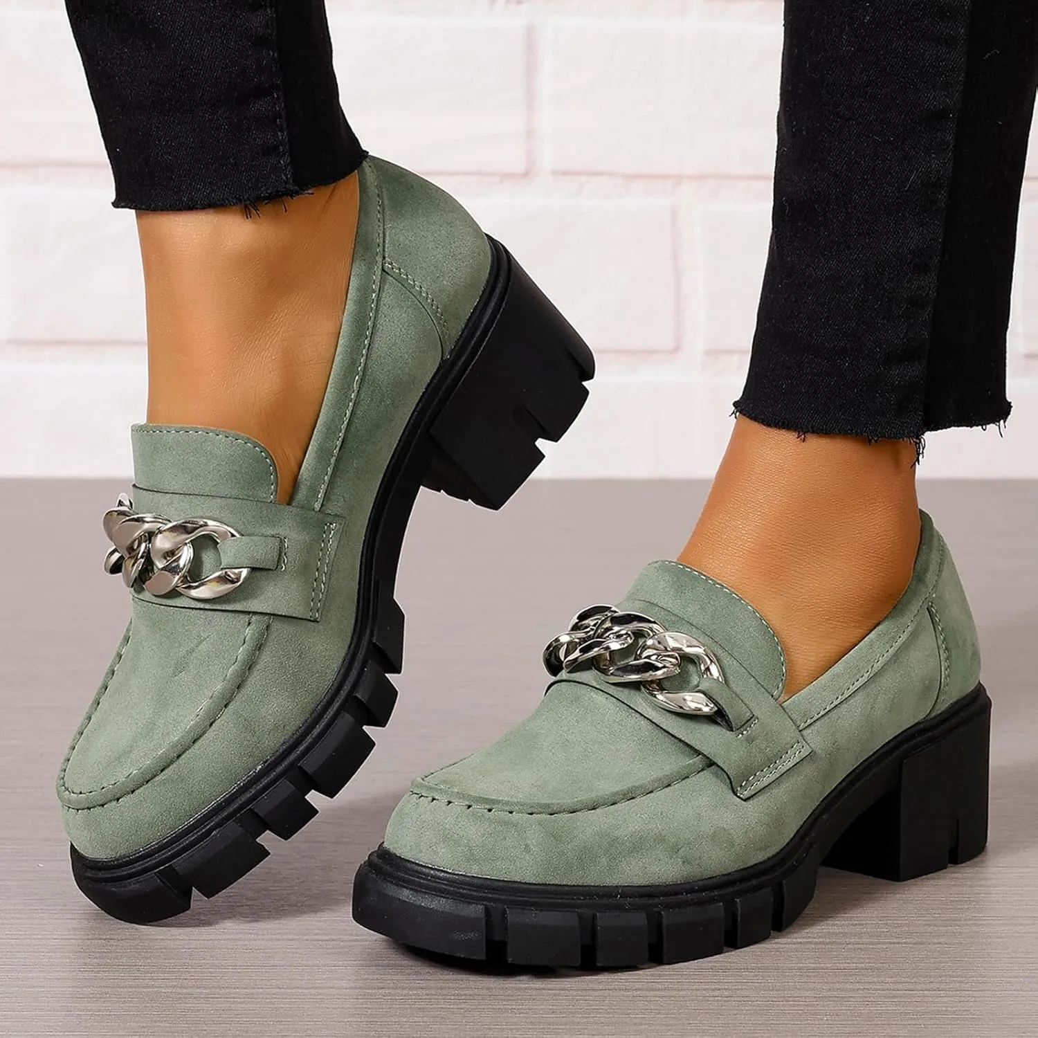 Women's Platform Loafers Slip On with Chain Comfort Chunky Casual Business Work Shoes Loafers Slip on Round Toe