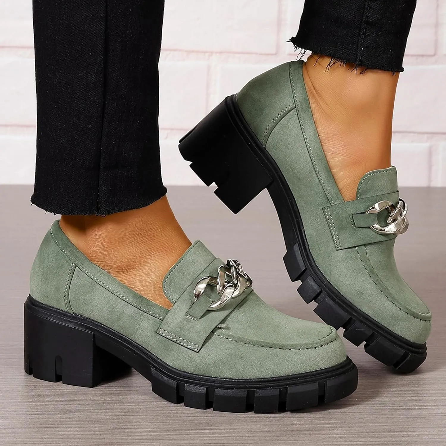 Women's Platform Loafers Slip On with Chain Comfort Chunky Casual Business Work Shoes Loafers Slip on Round Toe