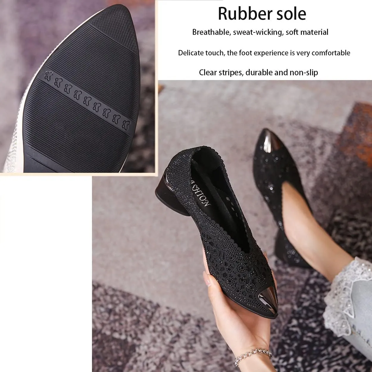 Women's Pointed Toe Slip On Block Heel Sandals Fashion Leather Mules with Iron Baotou Cutout Mesh Hot Drilling for Party Prom
