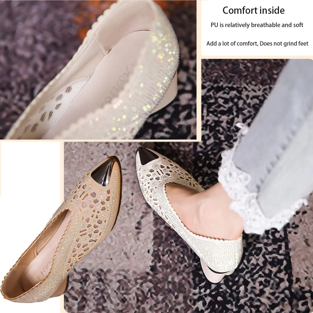Women's Pointed Toe Slip On Block Heel Sandals Fashion Leather Mules with Iron Baotou Cutout Mesh Hot Drilling for Party Prom