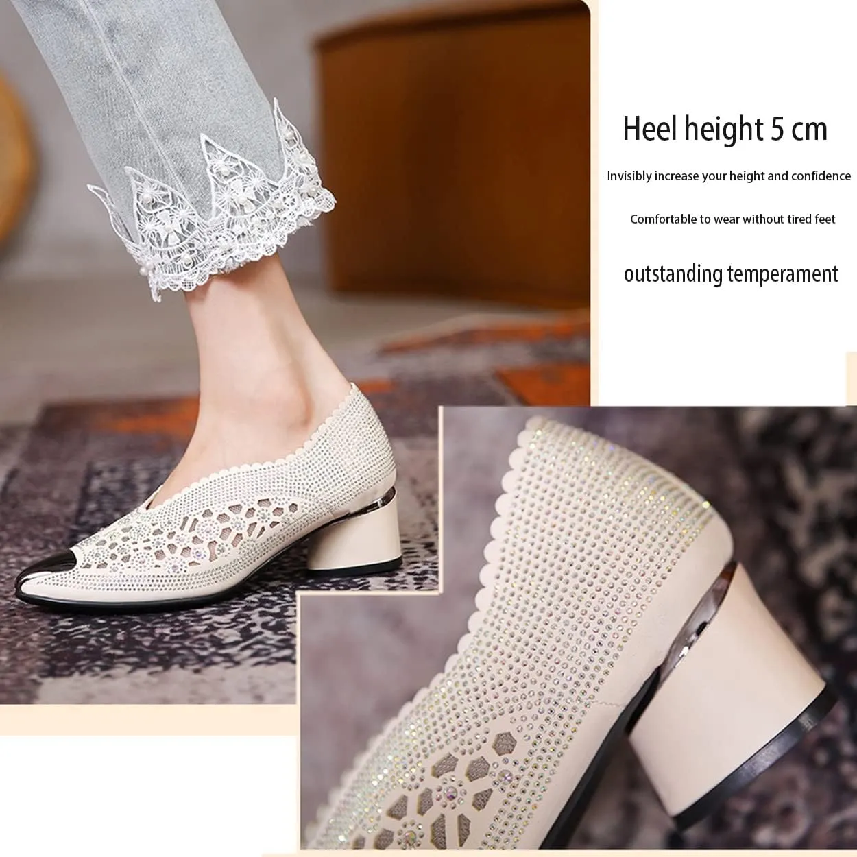 Women's Pointed Toe Slip On Block Heel Sandals Fashion Leather Mules with Iron Baotou Cutout Mesh Hot Drilling for Party Prom