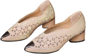 Women's Pointed Toe Slip On Block Heel Sandals Fashion Leather Mules with Iron Baotou Cutout Mesh Hot Drilling for Party Prom