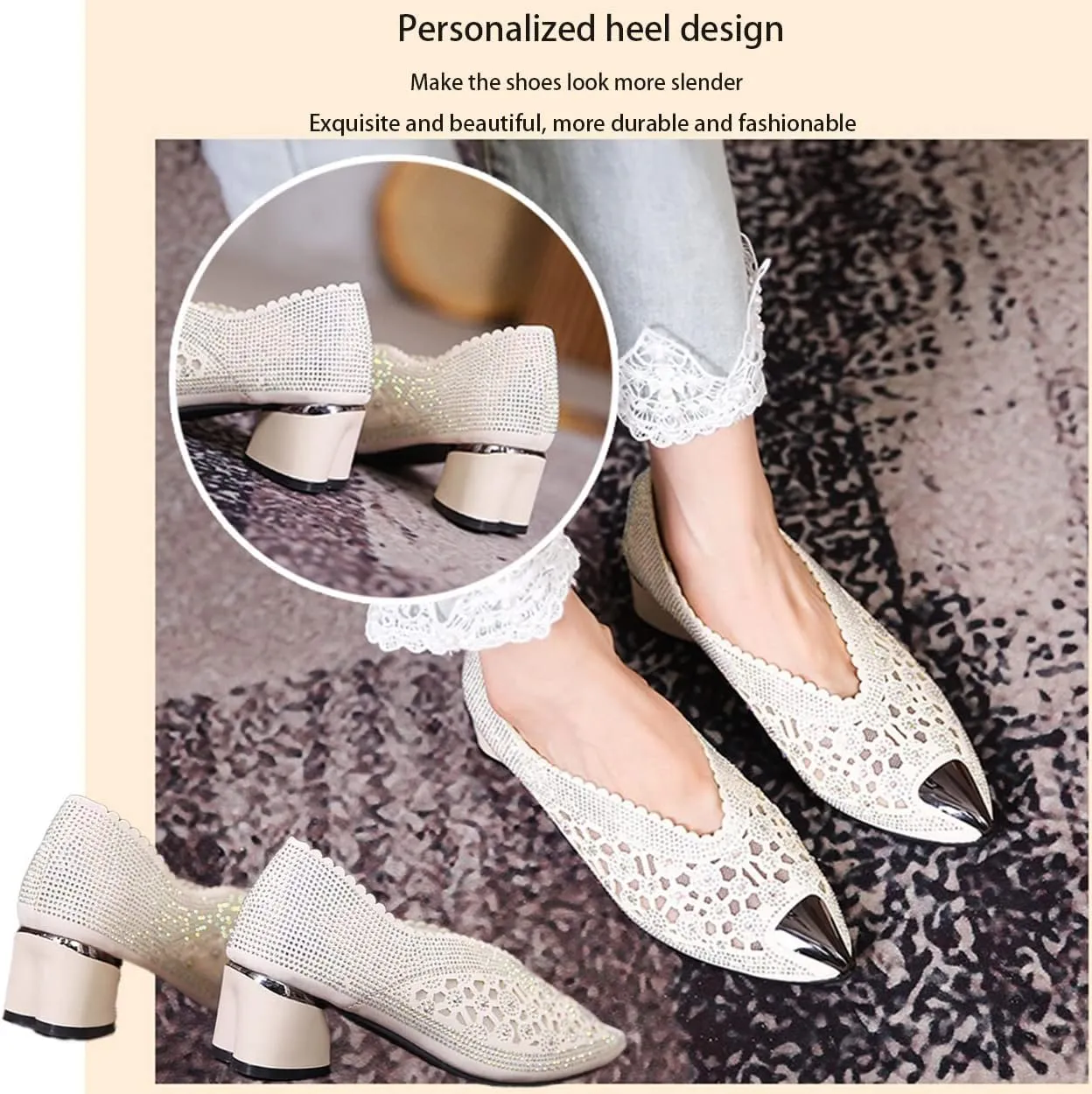 Women's Pointed Toe Slip On Block Heel Sandals Fashion Leather Mules with Iron Baotou Cutout Mesh Hot Drilling for Party Prom