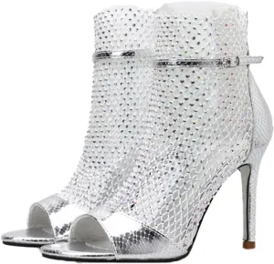 Women's Rhinestone Peep Toe Mesh Stilettos Ankle Boots Summer Fashion Bling Back Zipper Breathable Sock Boots Fish Mouth Heeled Wedding Dress Summer Boots Sandals