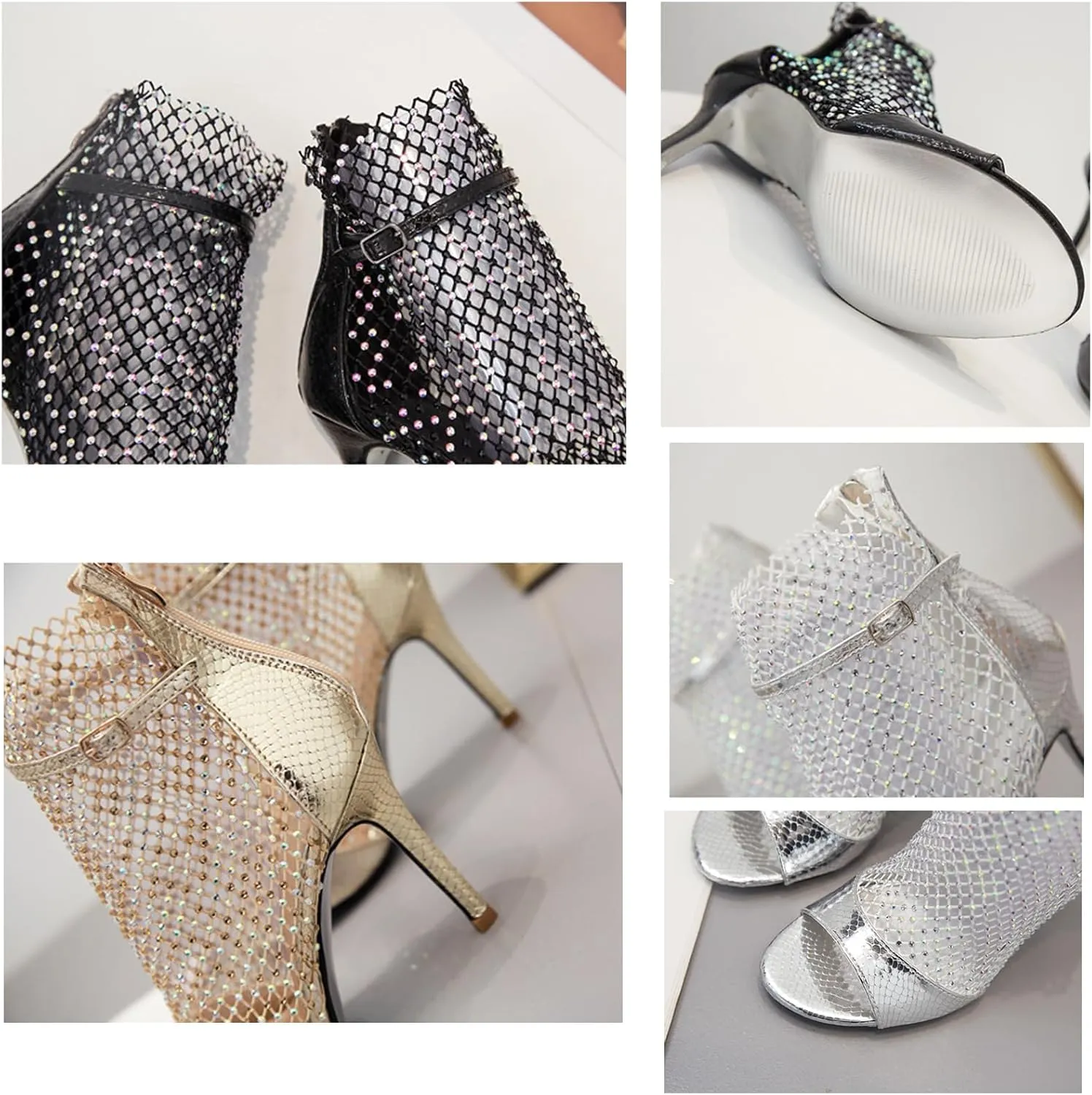 Women's Rhinestone Peep Toe Mesh Stilettos Ankle Boots Summer Fashion Bling Back Zipper Breathable Sock Boots Fish Mouth Heeled Wedding Dress Summer Boots Sandals