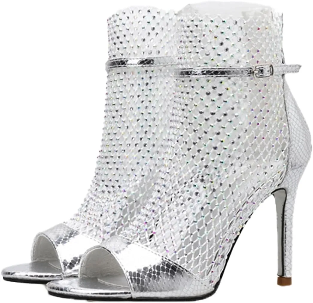 Women's Rhinestone Peep Toe Mesh Stilettos Ankle Boots Summer Fashion Bling Back Zipper Breathable Sock Boots Fish Mouth Heeled Wedding Dress Summer Boots Sandals
