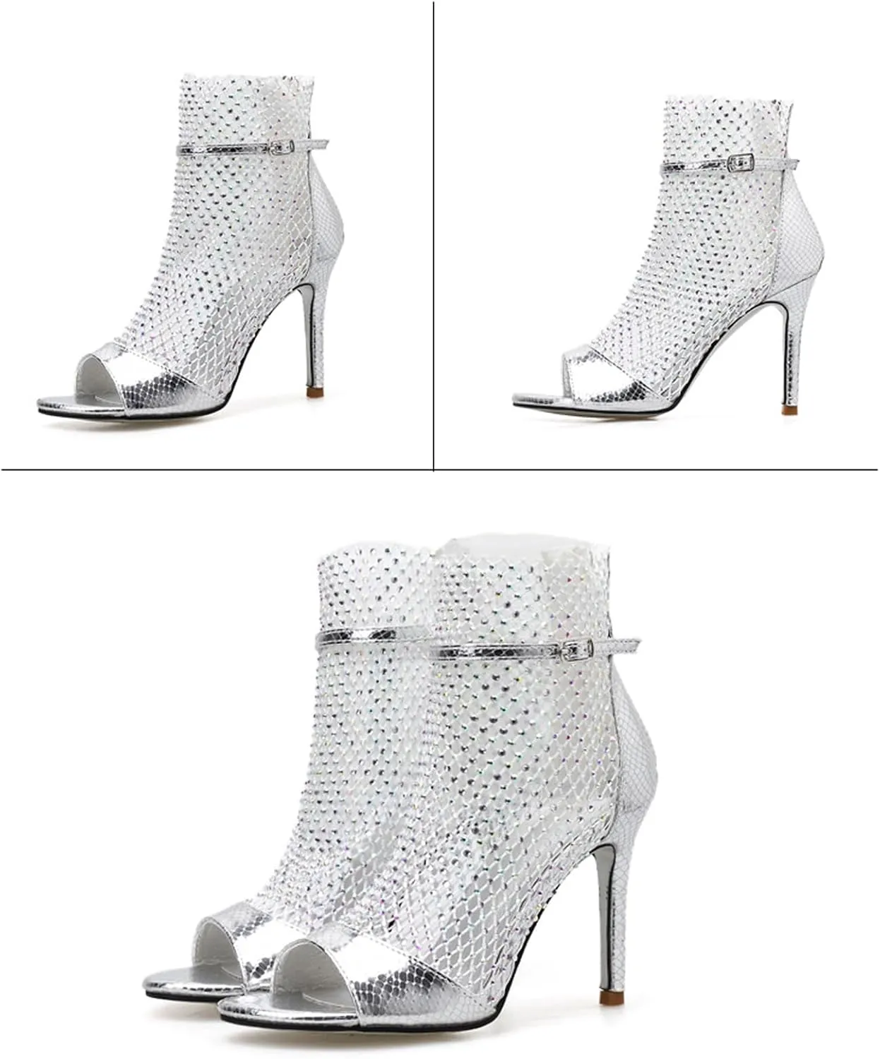 Women's Rhinestone Peep Toe Mesh Stilettos Ankle Boots Summer Fashion Bling Back Zipper Breathable Sock Boots Fish Mouth Heeled Wedding Dress Summer Boots Sandals