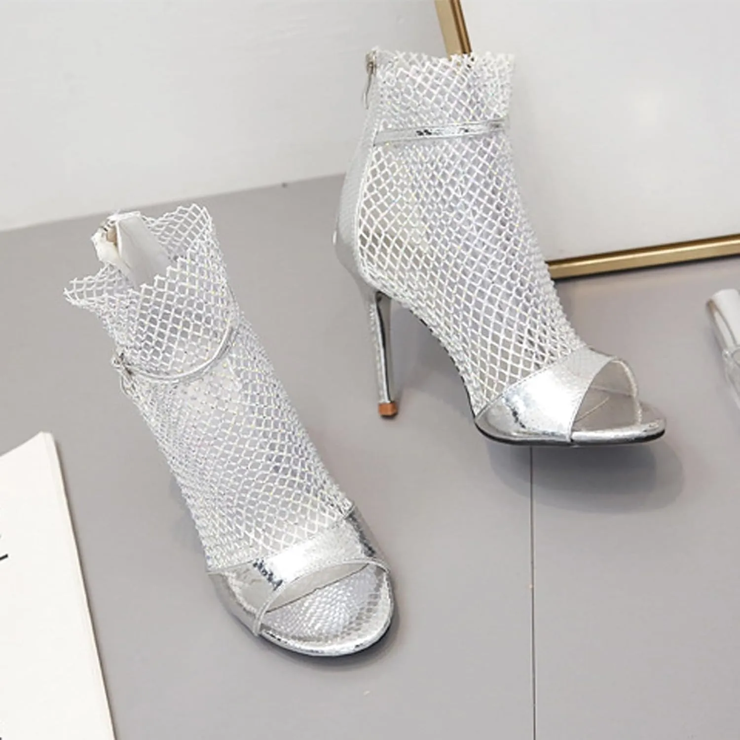 Women's Rhinestone Peep Toe Mesh Stilettos Ankle Boots Summer Fashion Bling Back Zipper Breathable Sock Boots Fish Mouth Heeled Wedding Dress Summer Boots Sandals