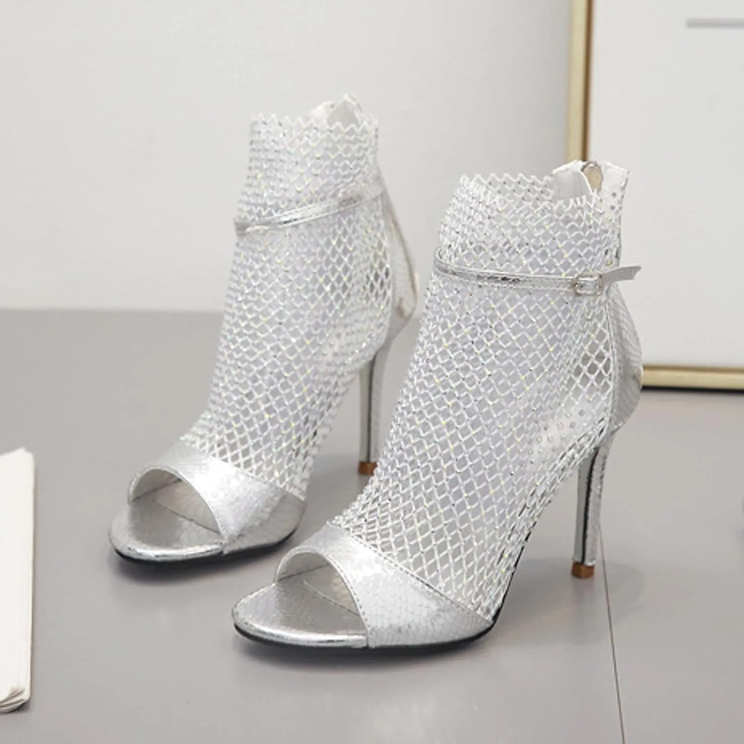 Women's Rhinestone Peep Toe Mesh Stilettos Ankle Boots Summer Fashion Bling Back Zipper Breathable Sock Boots Fish Mouth Heeled Wedding Dress Summer Boots Sandals