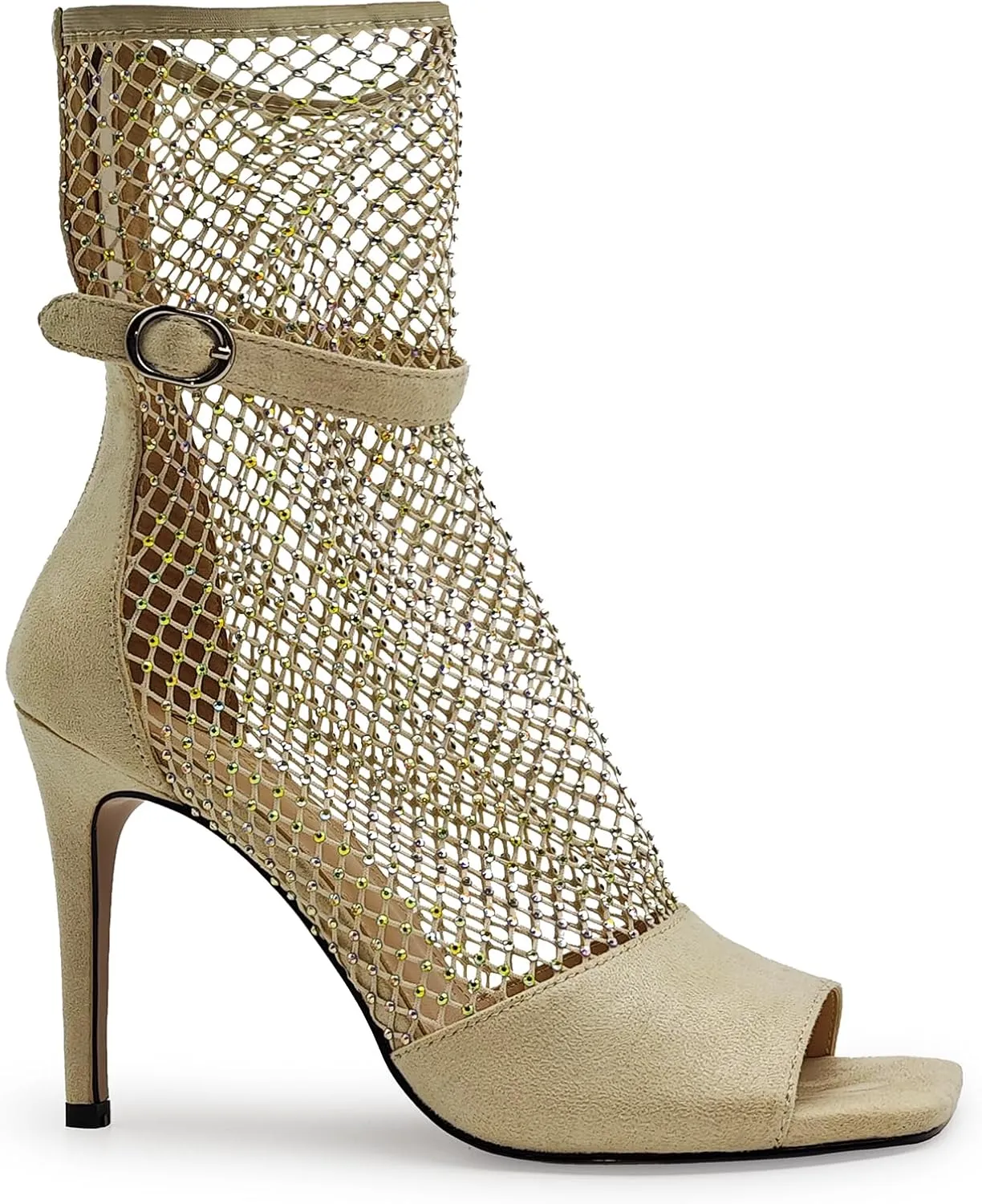 Women's sexy Suede Rhinestone mesh heels Sandal Unique wrap around Open toe Square Toe net Stiletto Zip High Heels Ankle Strap party Summer Shoes