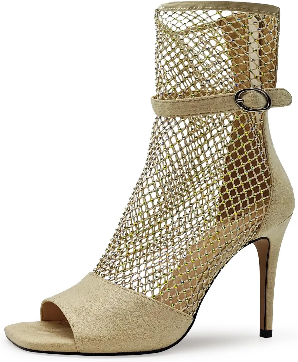 Women's sexy Suede Rhinestone mesh heels Sandal Unique wrap around Open toe Square Toe net Stiletto Zip High Heels Ankle Strap party Summer Shoes