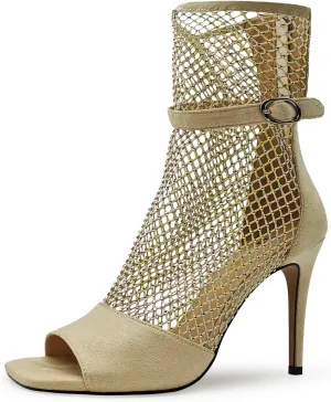 Women's sexy Suede Rhinestone mesh heels Sandal Unique wrap around Open toe Square Toe net Stiletto Zip High Heels Ankle Strap party Summer Shoes