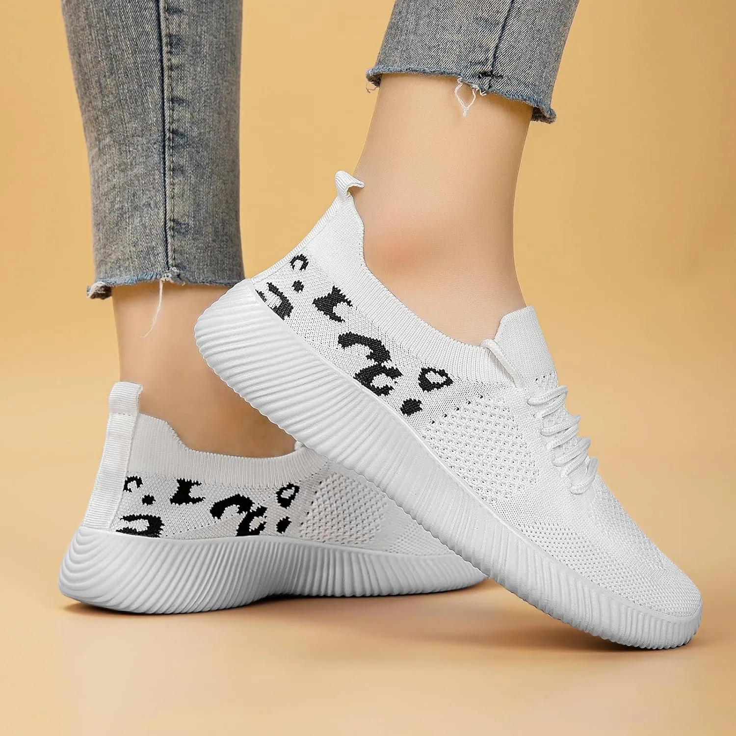 Women's Slip-On Shoes with Leopard Cheetah Print Casual Sneakers Crafted by Flying-Woven Tatting Breathable Mesh Fashionable Shoes for Ladies with Anti-Slip and Wear-Resistant Soft Outsole