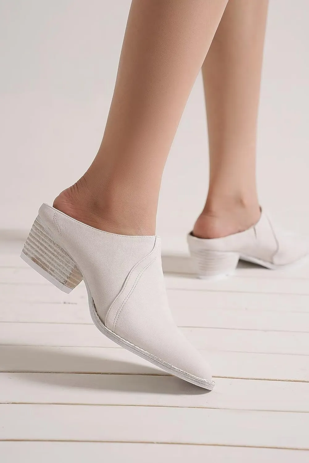 Women's Western Mules Stacked Block Heels Mules Comfort Pointed Toe Backless Slip on Slides Loafer Shoes