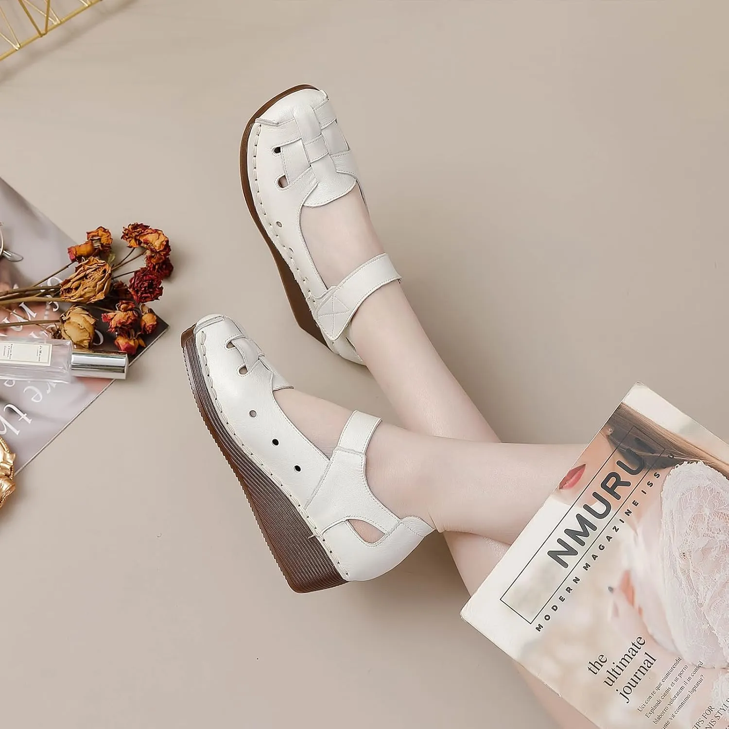 Women's Woven Leather Closed Toe Wedge Sandals,Adjustable Hook and Loop Handmade Comfortable Non-slip Oxford Soft Sole Walking Sandals Summer Vintage Dress Sandals