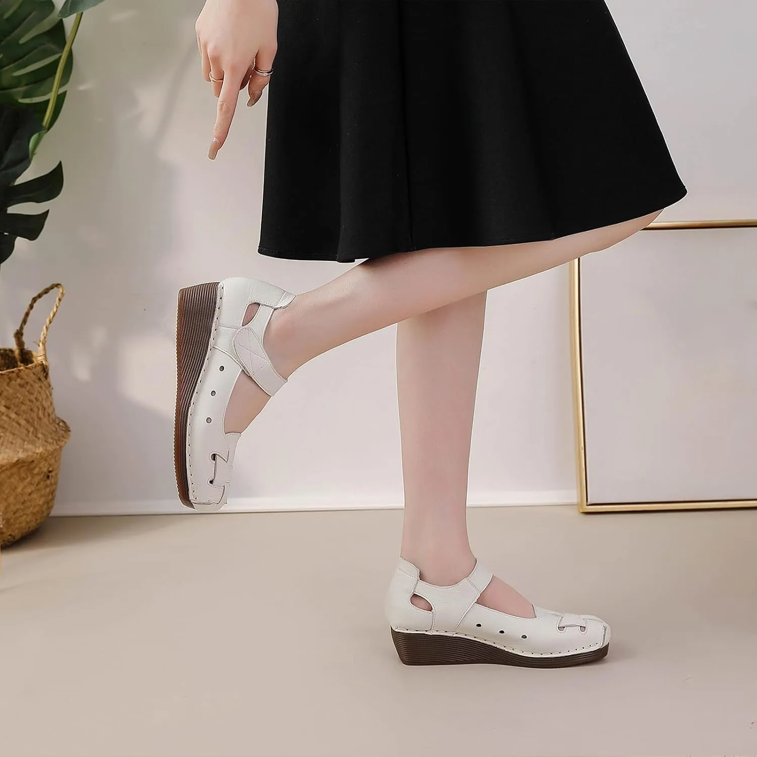 Women's Woven Leather Closed Toe Wedge Sandals,Adjustable Hook and Loop Handmade Comfortable Non-slip Oxford Soft Sole Walking Sandals Summer Vintage Dress Sandals