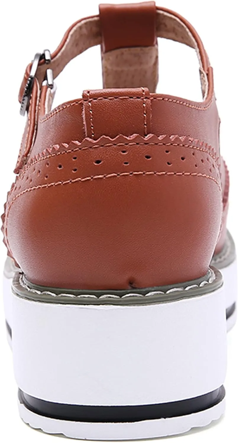 WUIWUIYU Womens Matte Leather Chunky Cleat Platfrom T-Strap Brogues Oxford Working Shoes