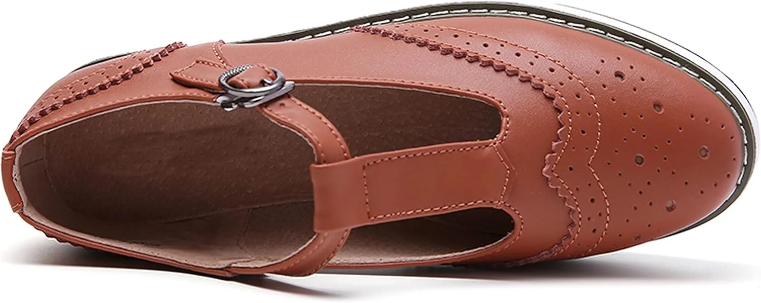 WUIWUIYU Womens Matte Leather Chunky Cleat Platfrom T-Strap Brogues Oxford Working Shoes