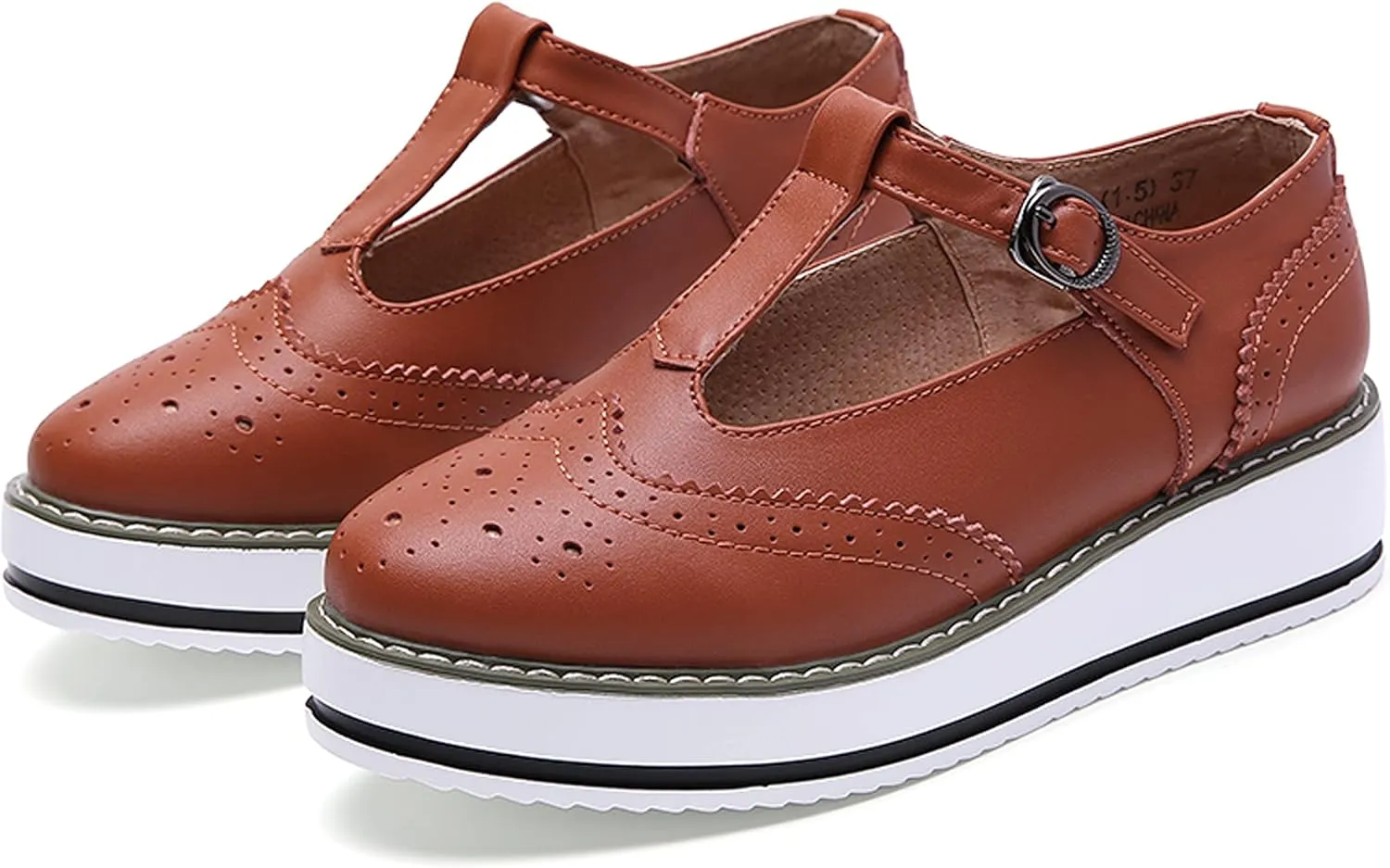 WUIWUIYU Womens Matte Leather Chunky Cleat Platfrom T-Strap Brogues Oxford Working Shoes