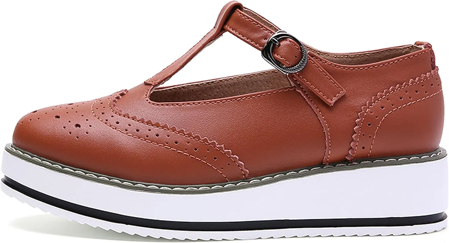 WUIWUIYU Womens Matte Leather Chunky Cleat Platfrom T-Strap Brogues Oxford Working Shoes