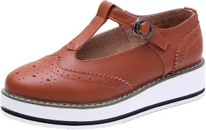 WUIWUIYU Womens Matte Leather Chunky Cleat Platfrom T-Strap Brogues Oxford Working Shoes
