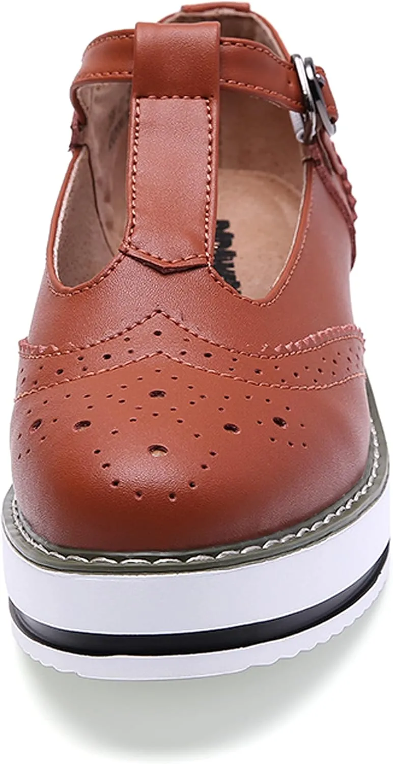 WUIWUIYU Womens Matte Leather Chunky Cleat Platfrom T-Strap Brogues Oxford Working Shoes