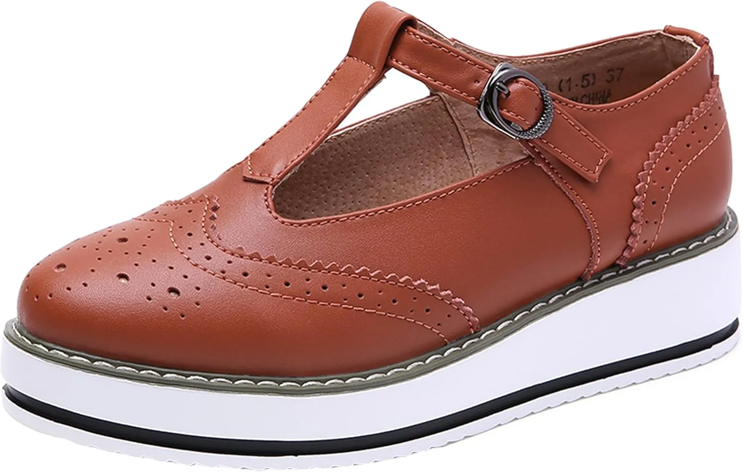 WUIWUIYU Womens Matte Leather Chunky Cleat Platfrom T-Strap Brogues Oxford Working Shoes