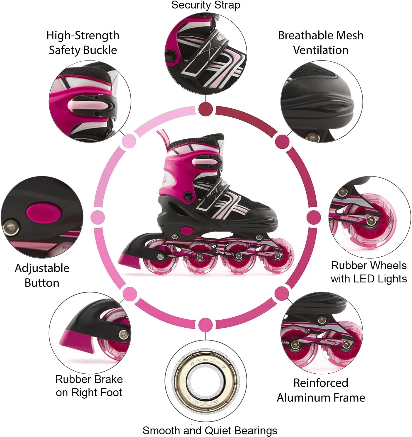 Xino Sports Kids Inline Skates for Girls & Boys - Adjustable Skates with LED Illuminating Light Up Wheels - Youth Skates for Indoors & Outdoors