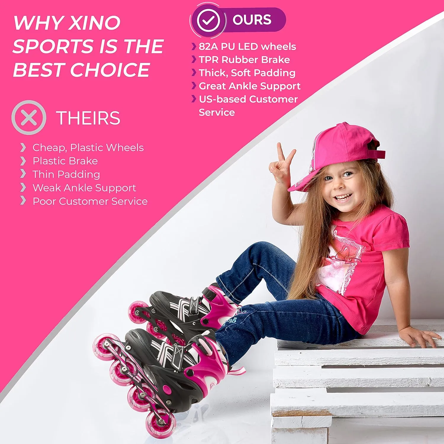 Xino Sports Kids Inline Skates for Girls & Boys - Adjustable Skates with LED Illuminating Light Up Wheels - Youth Skates for Indoors & Outdoors