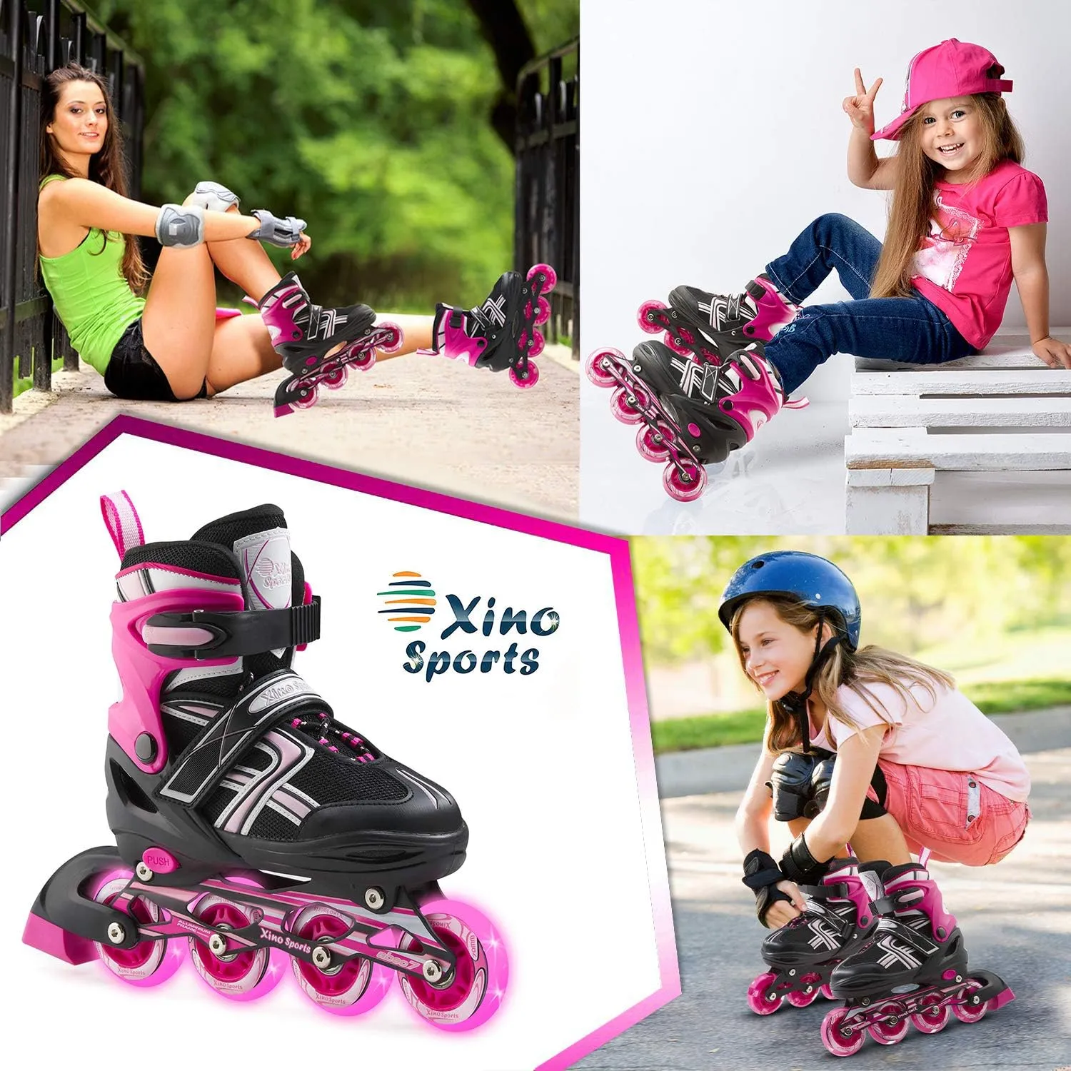 Xino Sports Kids Inline Skates for Girls & Boys - Adjustable Skates with LED Illuminating Light Up Wheels - Youth Skates for Indoors & Outdoors