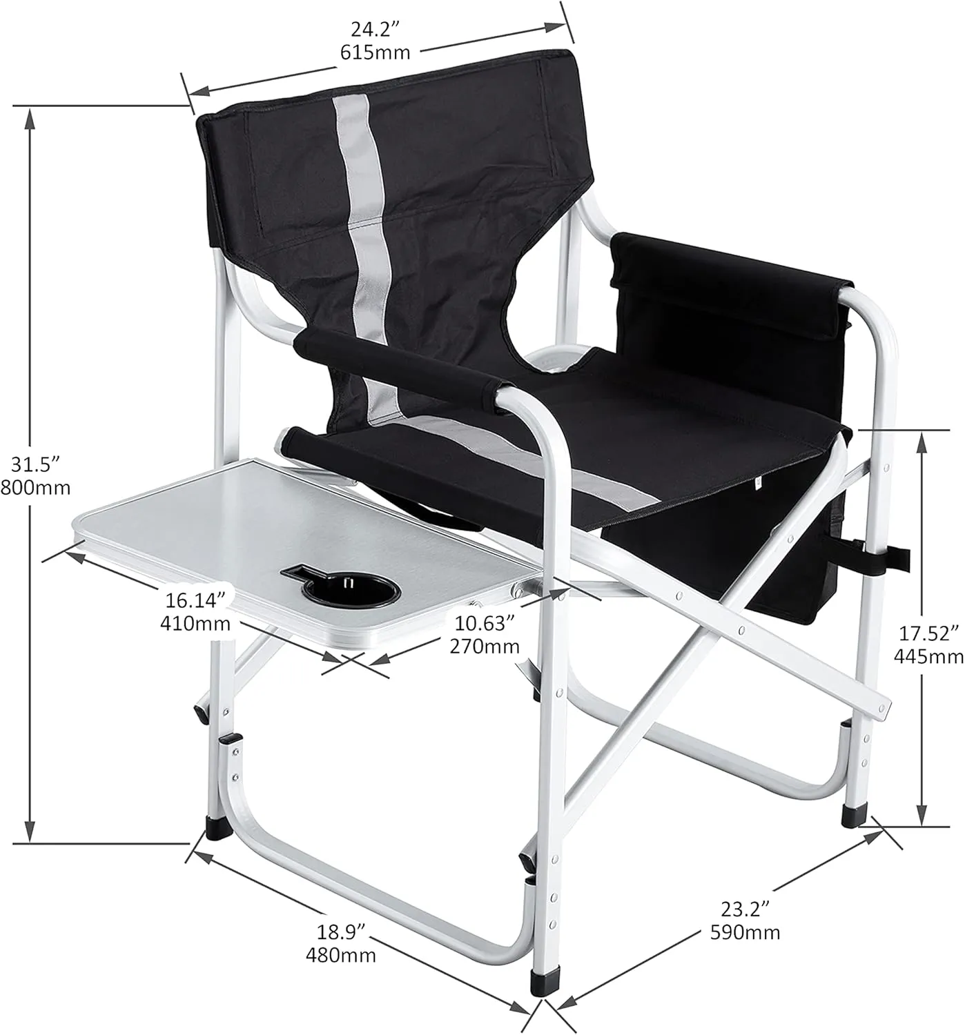 XXL Oversized Folding Camping Chair, Portable Aluminum Directors Chair with Side Table & Storage Pocket, Lawn Chairs for Fishing,Trip,Picnic,Lawn,Concert Outdoor, 1 PCS Black