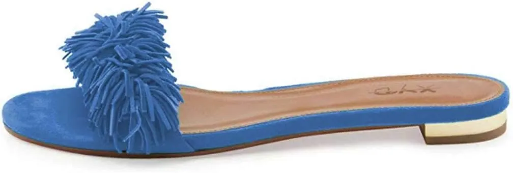 XYD Summer Fringe Slide Sandals Slip On Comfortable Slippers Solid Women Loafer Shoes Easy Walking