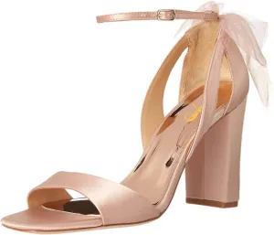XYD Women Satin Sandals Open Toe Bridal Wedding Shoes Block High Heels with Rear Mesh Bow Ankle Strap Prom Party Pumps