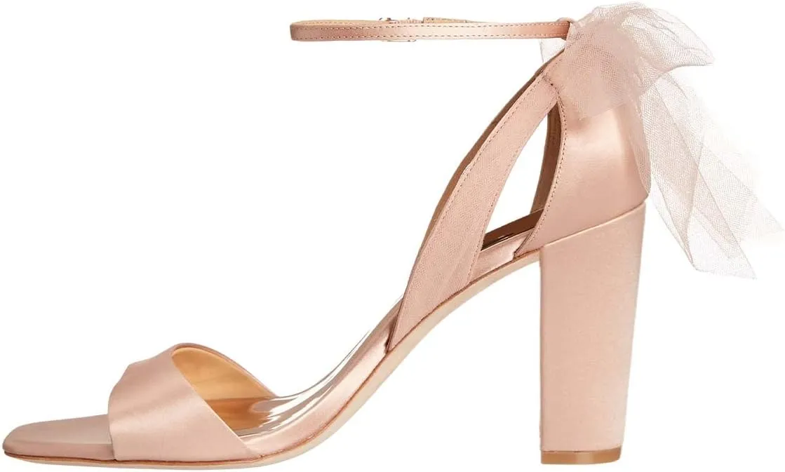 XYD Women Satin Sandals Open Toe Bridal Wedding Shoes Block High Heels with Rear Mesh Bow Ankle Strap Prom Party Pumps