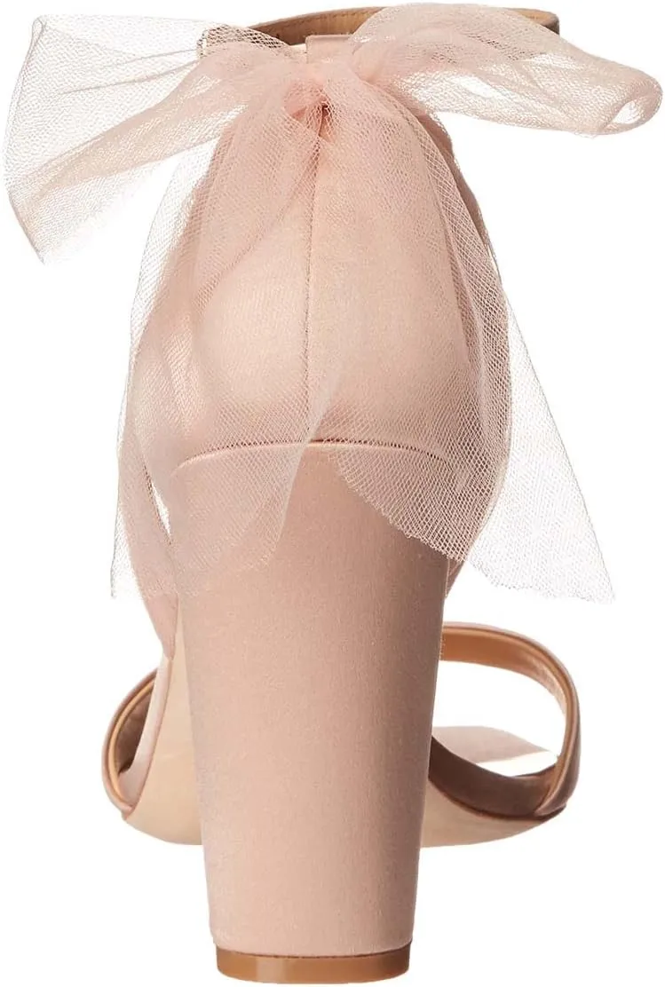 XYD Women Satin Sandals Open Toe Bridal Wedding Shoes Block High Heels with Rear Mesh Bow Ankle Strap Prom Party Pumps