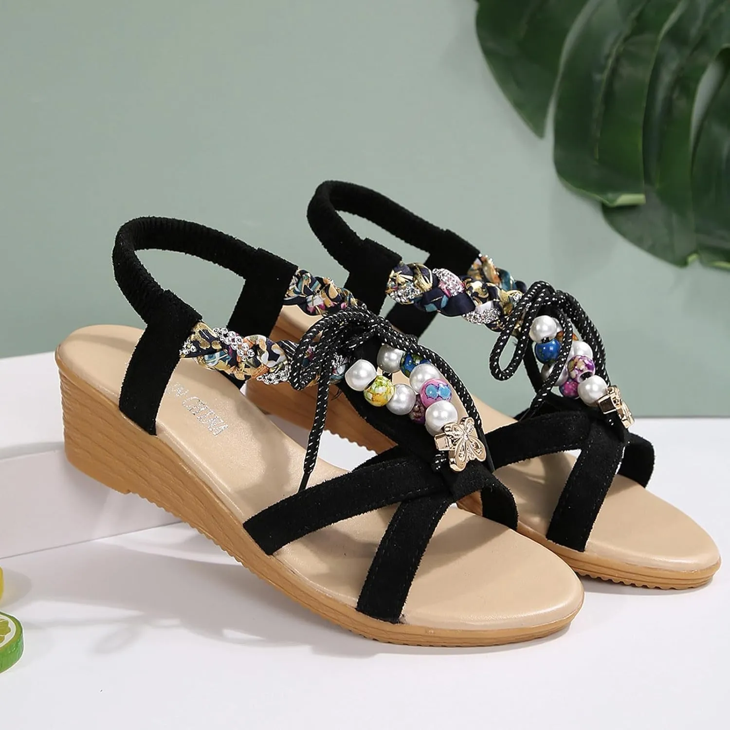 ZSpzx 2025 Womens Wedge Sandals Elastic Strappy Pearls Rhinestone T-Strap Lace Up Sandal Laides Bohemian Summer Open Toe Non Slip Comfortable Lightweight Dressy Shoe for Prom Party Outdoor Indoor