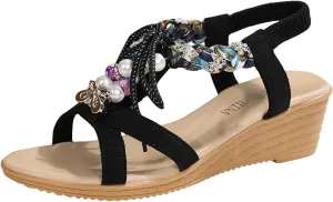 ZSpzx 2025 Womens Wedge Sandals Elastic Strappy Pearls Rhinestone T-Strap Lace Up Sandal Laides Bohemian Summer Open Toe Non Slip Comfortable Lightweight Dressy Shoe for Prom Party Outdoor Indoor