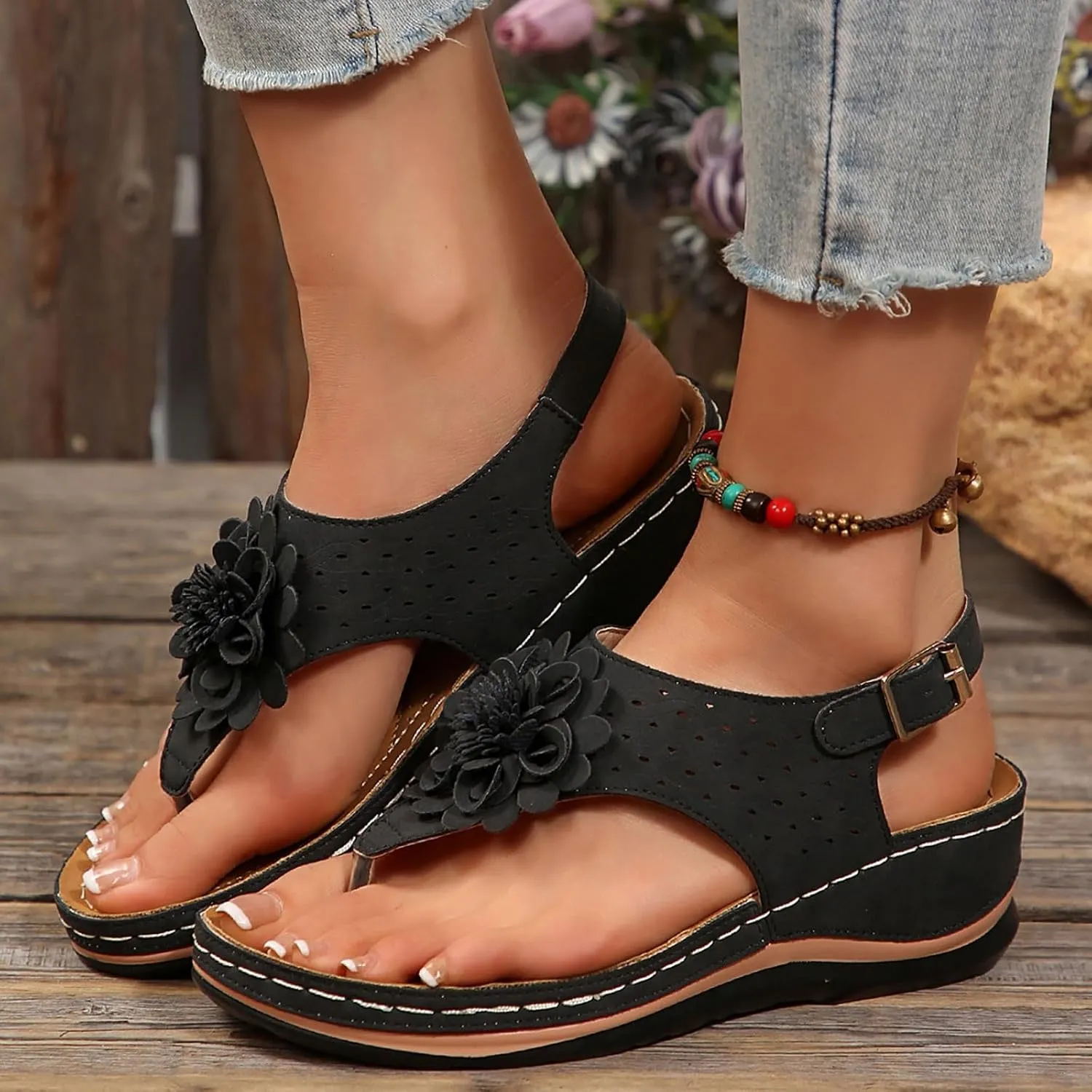 ZSpzx Arch Support Flip Flops for Women 2025 Wide Width Orthopedic Flower Cutout Slip On Slingback with Ankle Strap Slides Ladies Summer Low Wedges Heel Plantar Fasciitis Recovery Mules Casual Shoes