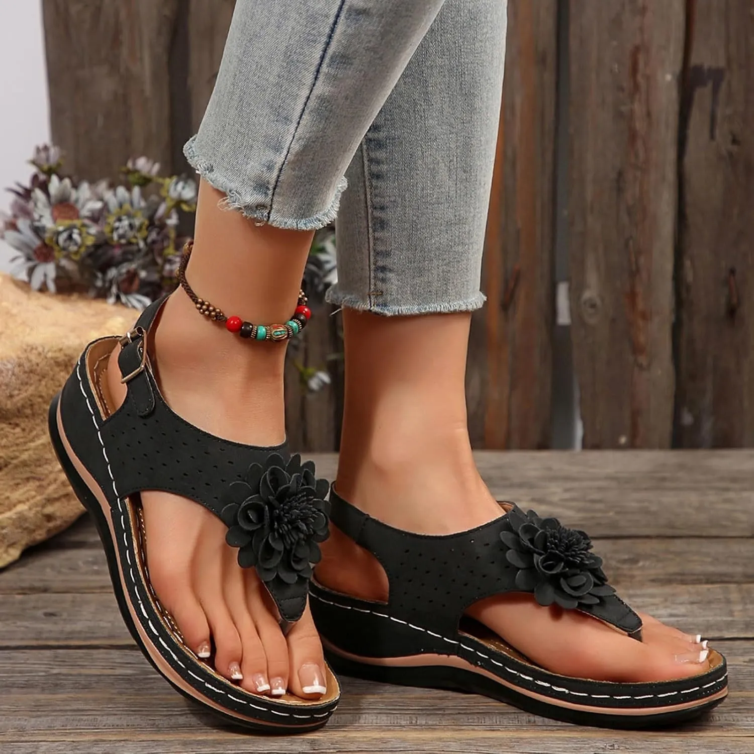 ZSpzx Arch Support Flip Flops for Women 2025 Wide Width Orthopedic Flower Cutout Slip On Slingback with Ankle Strap Slides Ladies Summer Low Wedges Heel Plantar Fasciitis Recovery Mules Casual Shoes