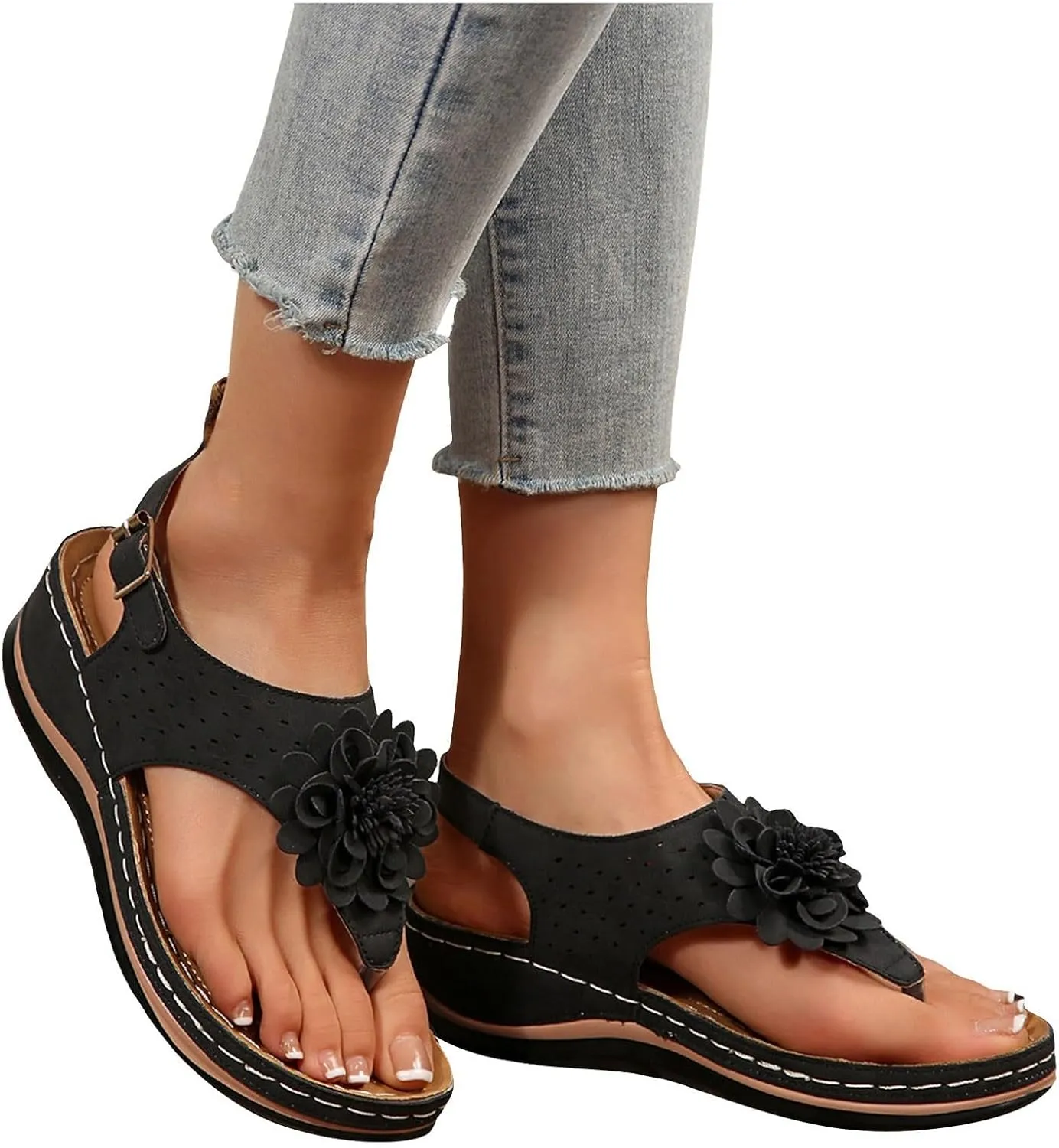 ZSpzx Arch Support Flip Flops for Women 2025 Wide Width Orthopedic Flower Cutout Slip On Slingback with Ankle Strap Slides Ladies Summer Low Wedges Heel Plantar Fasciitis Recovery Mules Casual Shoes